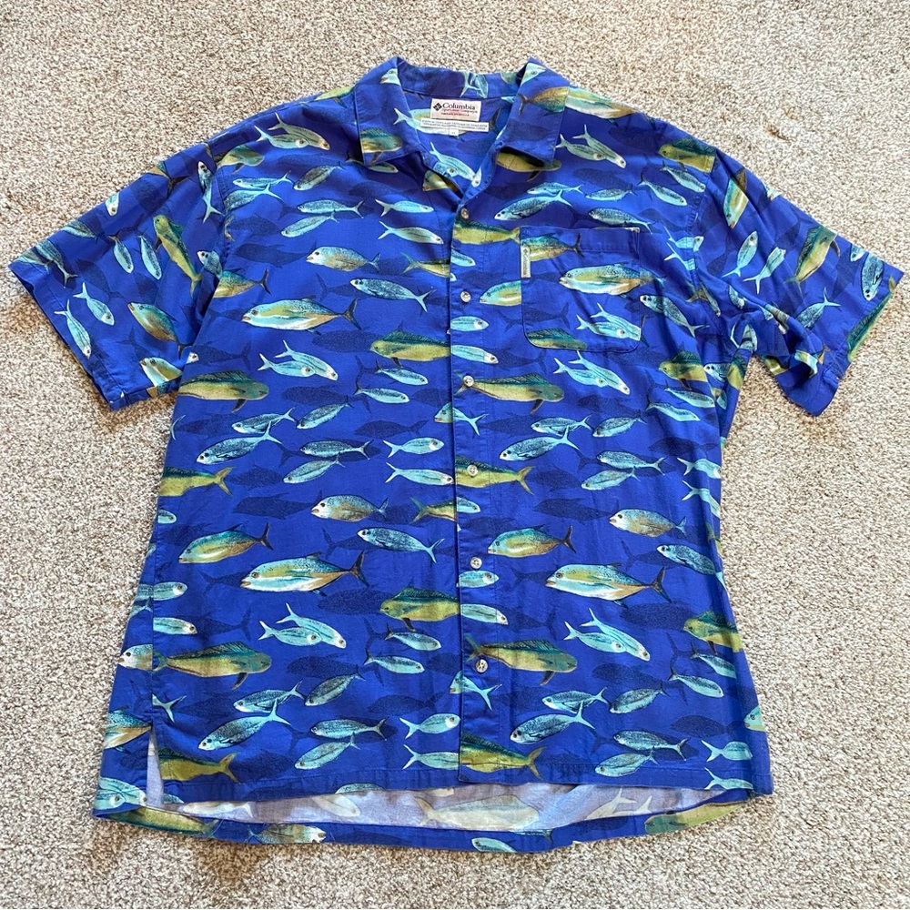 Columbia All Over Fish Print Shirt, Men’s XL